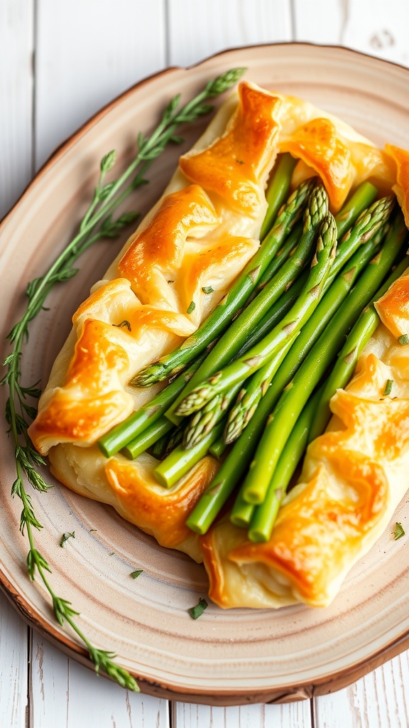 A golden asparagus kranz with flaky pastry and green asparagus, garnished with herbs on a rustic table.